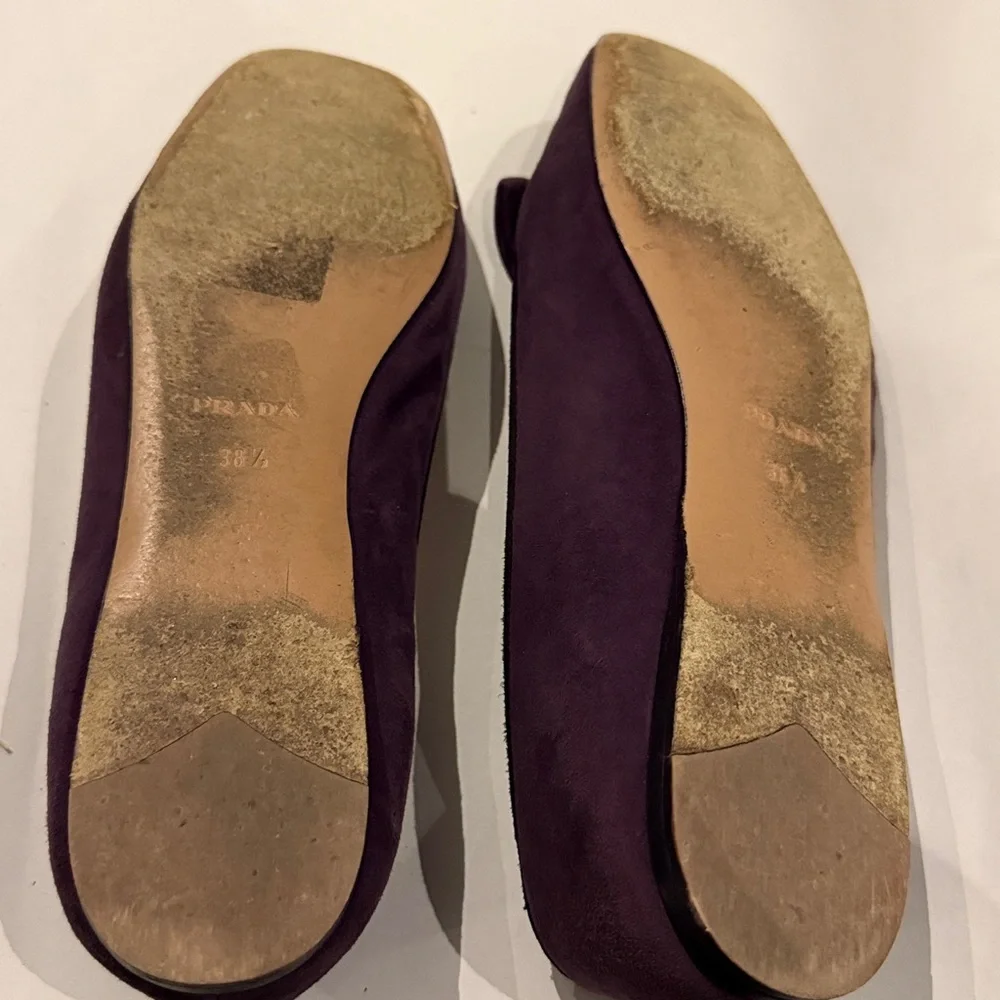Prada Women's Deep Purple Suede Flats with Bow with Gold Prada accents - Picture 13 of 13
